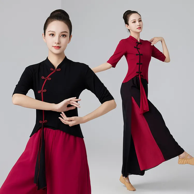 秋季新款广场舞服装长袖复古上衣雪纺高腰阔腿裤垂感轻薄飘逸纱裤