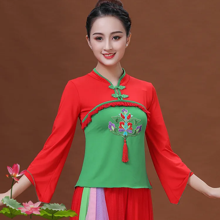 杨丽萍广场舞服装新款上衣红色民族风古典秧歌舞扇子跳舞服女演出