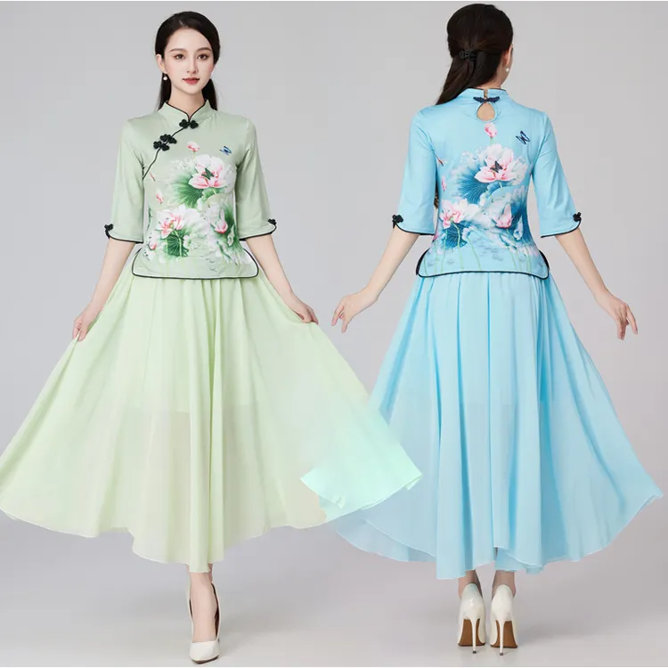 广场舞服装新款大摆妈妈装长裙立领旗袍中袖民国风洋气表演演出服