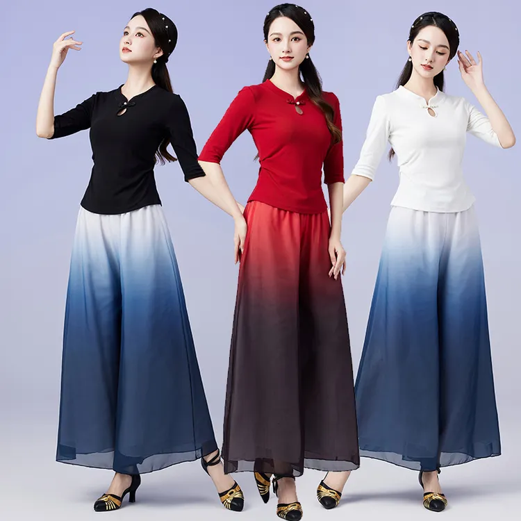 秋季新款广场舞服装古典舞民族风中袖上衣舞蹈服雪纺阔腿裤演出服