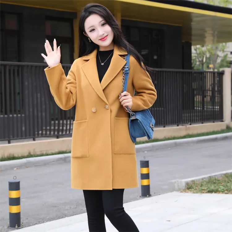 秋冬季高端双面羊毛大衣女中长款西装领羊毛呢子外套901642278