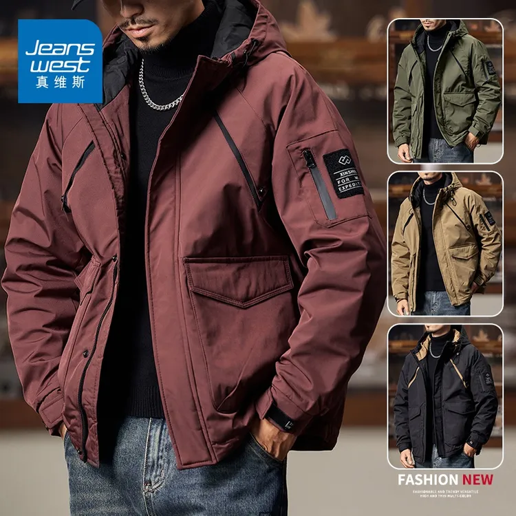 真维斯美式工装复古外套男士宽松潮流棉服2025冬季新款连帽棉衣男