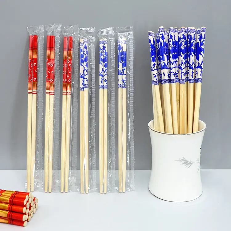 高档一次性筷子加长加粗青花瓷家用筷子红花结婚喜筷独立包装竹筷