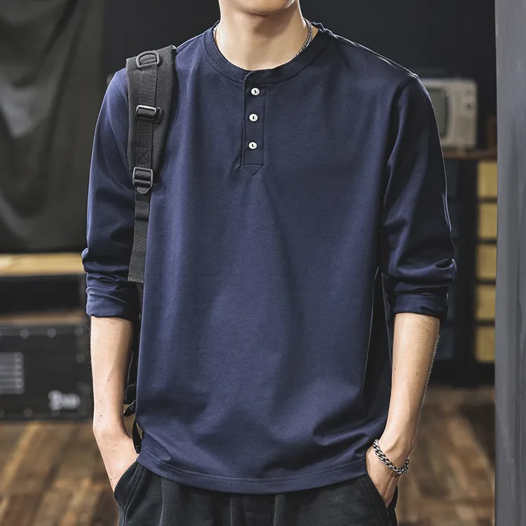 秋季重磅纯棉亨利领长袖T恤男春秋潮流半开领上衣男士宽松打底衫