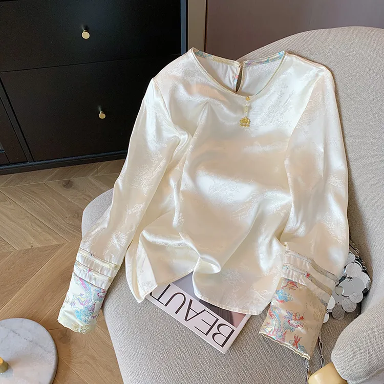 新中式拼接提花醋酸圆领衬衫女2025春秋国风高端气质改良唐装衬衣