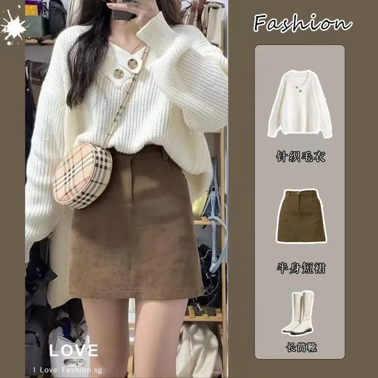 大码复古港风领针织毛衣女秋冬减龄宽松上衣显瘦包臀半身裙套装