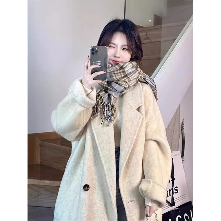 米白色双面羊绒大衣女2025冬装冬季赫本风加厚高级感呢子毛呢外套