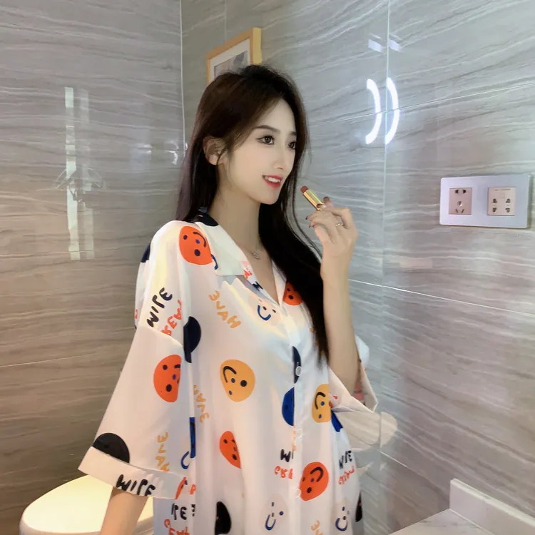 【环佩叮咚】冰雪丝网红五彩缤纷中长款笑脸时尚图形休闲家居睡裙