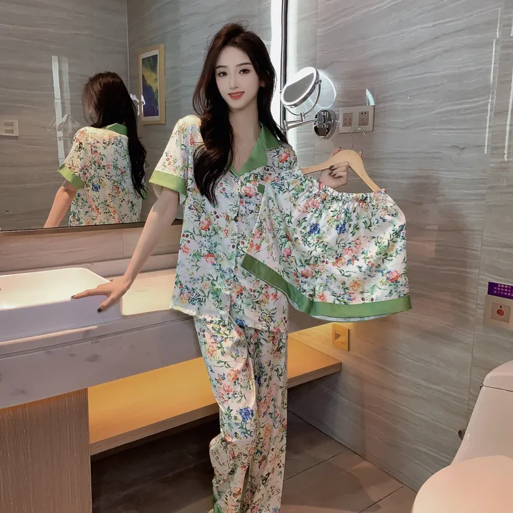 冰雪丝小翻领绿色花卉家居服休闲三件套ZJ