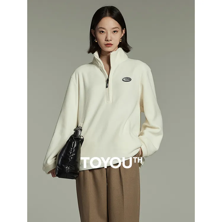 TOYOUTH初语落肩一手长卫衣女23冬新加绒保暖立领拉链外套8344019