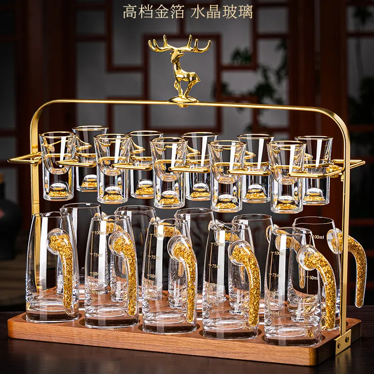 高档金箔白酒杯套装轻奢家用水晶玻璃小酒杯一口杯无铅描金酒具