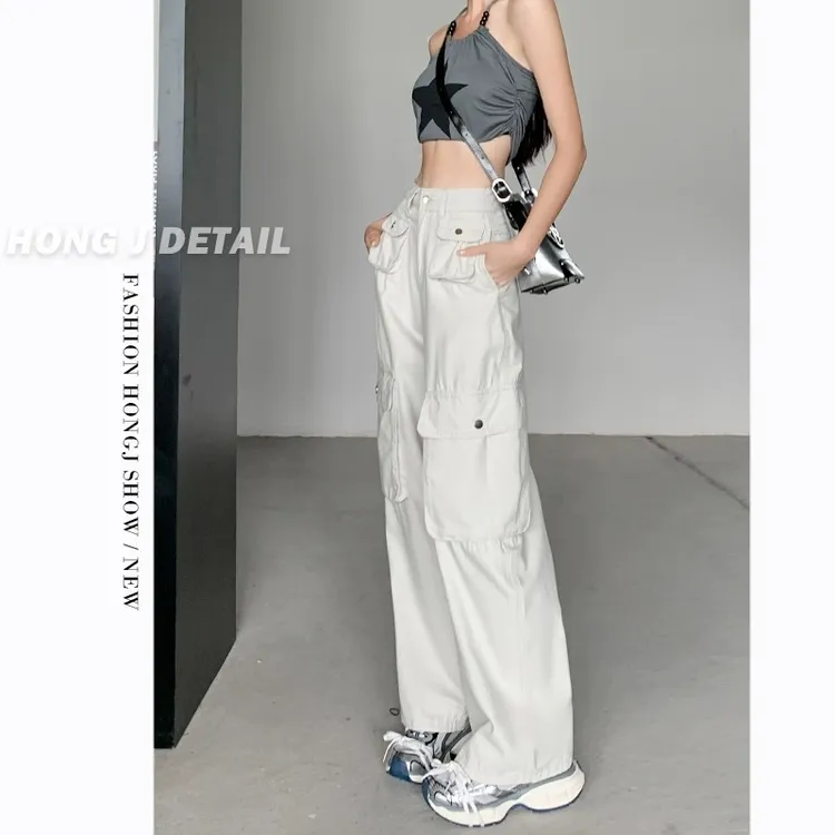 高腰白色工装裤牛仔裤女2024年春季新款宽松显瘦美式休闲阔腿裤子