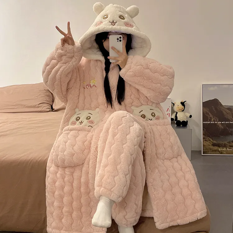 秋冬季睡衣女三层夹棉袄珊瑚绒长袍加厚款可爱卡通保暖家居服套装