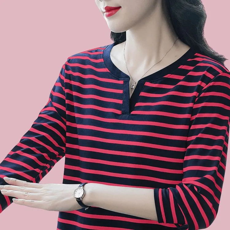 秋季洋气小V领棉质长袖T恤女大码宽松中年妈妈宽松遮肚子打底上衣