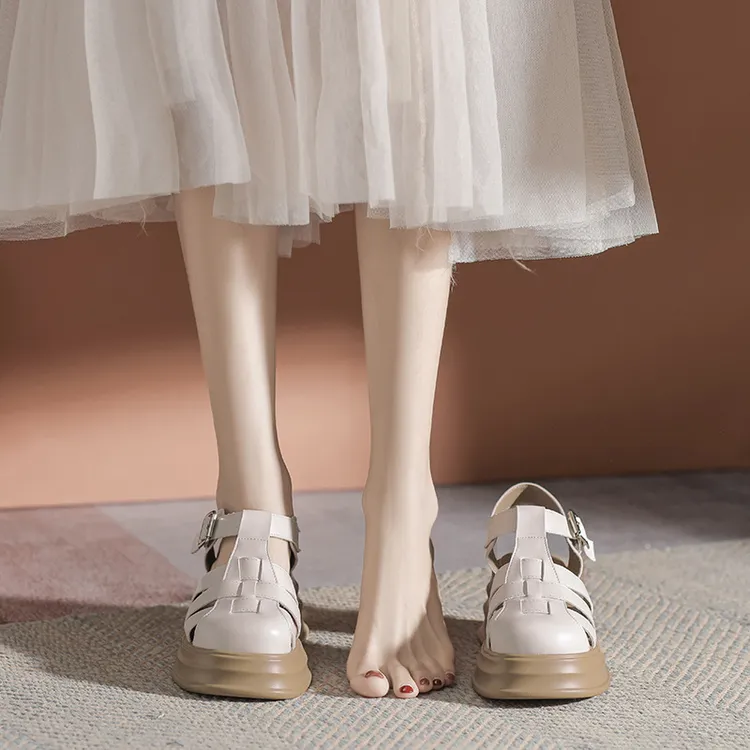 增高包头厚底罗马凉鞋女2024新款夏松糕女鞋粗跟高跟复古镂空编织