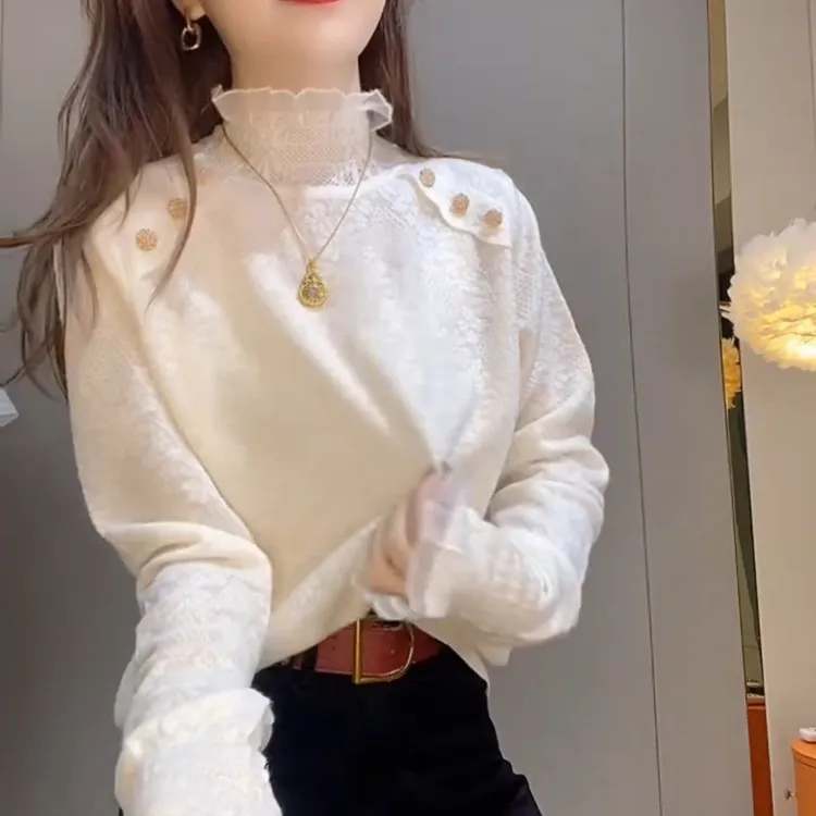 2025秋冬新款内搭气质名媛轻熟风显瘦半高领蕾丝打底衫长袖百搭