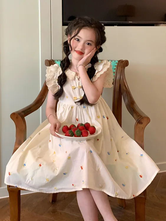 原创童装女童新中式绣花连衣裙夏季新款儿童蕾丝边小飞袖背心裙