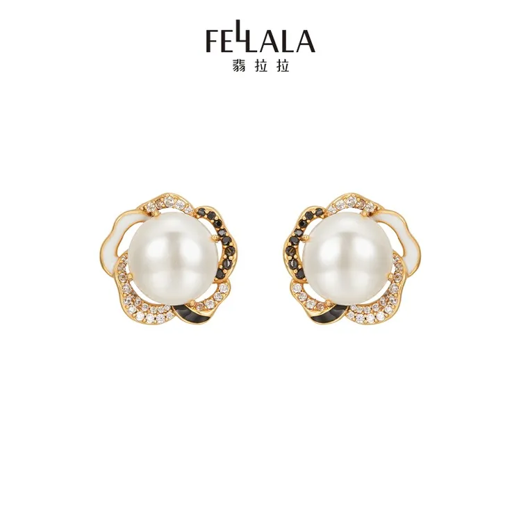Fellala/翡拉拉「山茶花」系列原创优雅复古百搭时尚珐琅耳饰ins