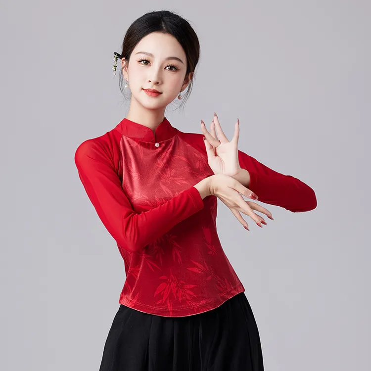 新款广场舞古典舞民族舞练功竹叶花韩国绒立领长袖阔腿裤演出服YD