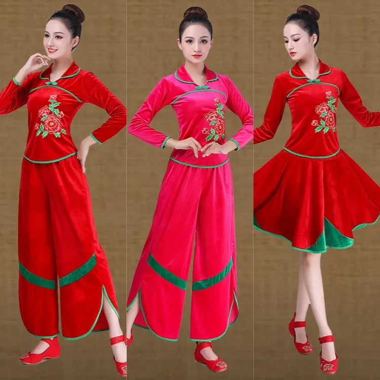 新款金丝绒女广场舞套装金丝绒牡丹披领古典舞服装大码跳舞衣SY