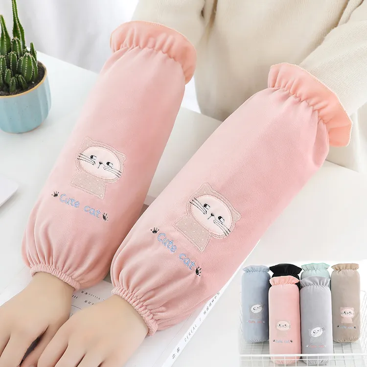 袖套女长款冬季新款工作学生百搭护袖口韩版可爱小猫绣花防污套袖
