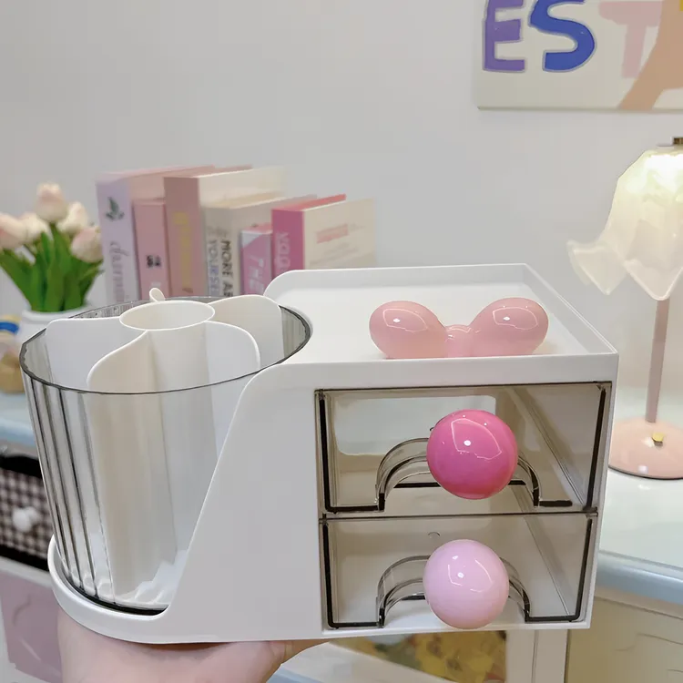 家用高颜值轻奢透明多巴胺彩球蝴蝶结桌面可旋转收纳笔筒收纳盒