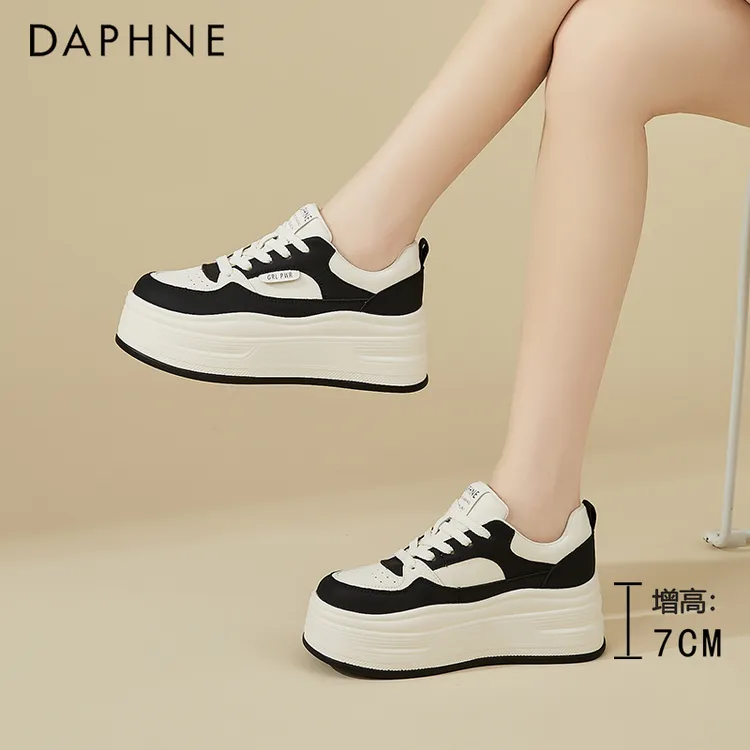 达芙妮真皮女鞋7CM厚底小白鞋女2025秋季百搭增高板鞋运动休闲鞋
