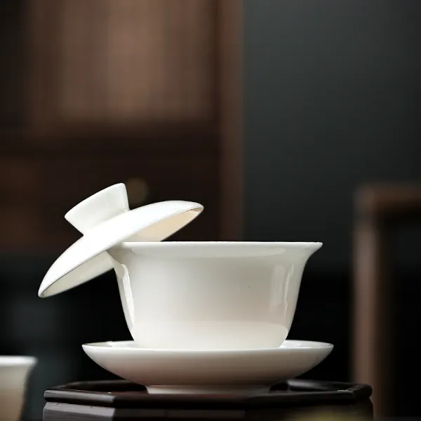 德化白瓷羊脂玉三才盖碗大容量可悬停白瓷功夫泡茶茶具瓷盖碗