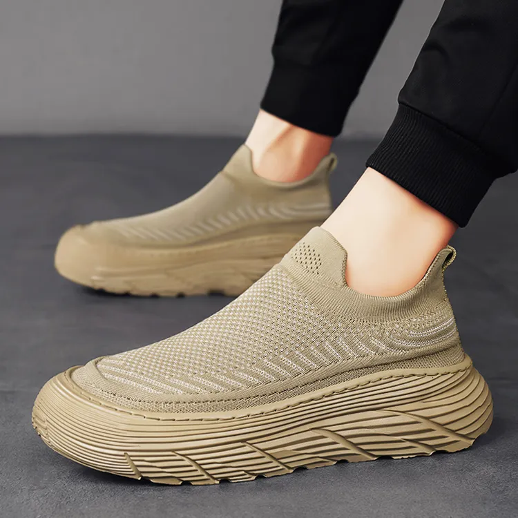 啄木鸟男鞋2024新款夏季透气飞织运动速干厚底耐磨一脚蹬袜子网面