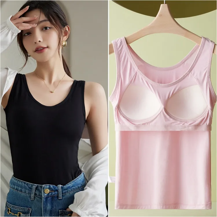 女背心打底吊带美背夏季大码女背心薄款修身一体式固定杯垫内外穿