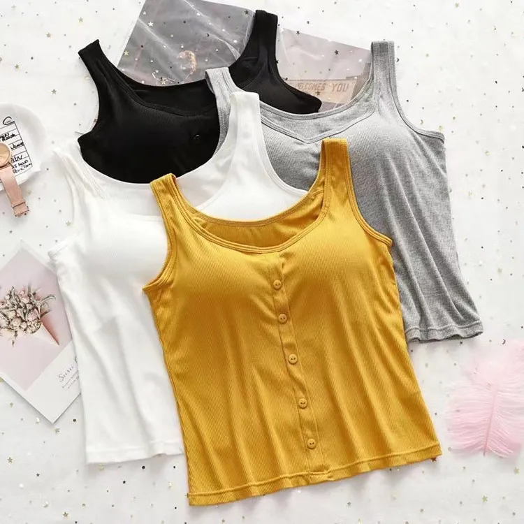 背心吊带女短款一体式带胸垫纽扣装饰夏打底内外穿防走光运动瑜伽