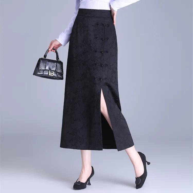 2024春季新款提花包臀裙半身裙女春秋长裙开叉中式盘扣气质一步裙