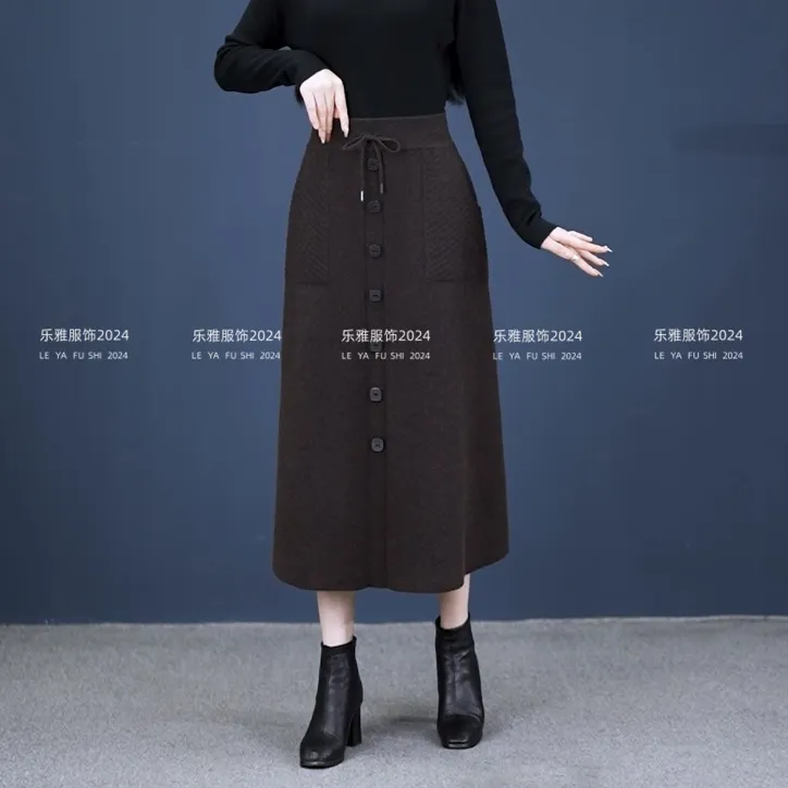 中长款半身裙秋冬新款大码梨形显瘦a字裙单排扣直筒裙
