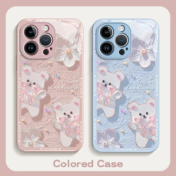 适用iPhone15promax苹果14高级手机壳保护套12油画小熊13玻璃壳xr