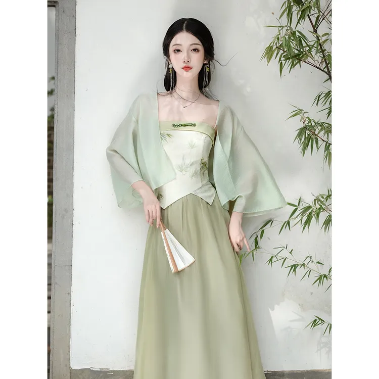 中长款汉元素吊带裙外搭披肩衫新中式冰丝雪纺防晒衣夏季开衫套装