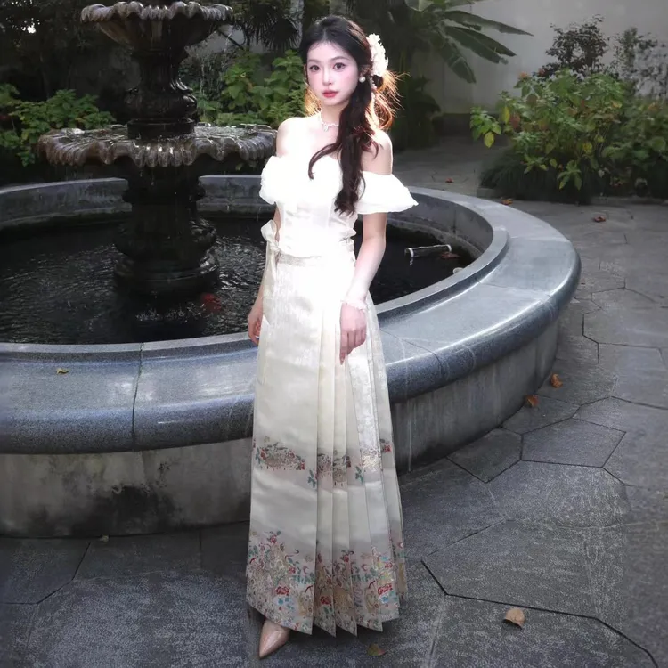 新中式国风一字肩气质马面裙套装女日常改良超仙优雅显瘦汉服薄款