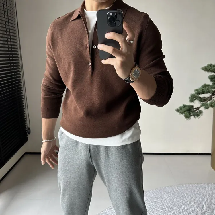 秋冬新款高档男士轻奢长袖针织polo衫翻领休闲商务修身纯色毛衣