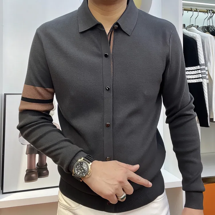 2024春秋季新款高端拼接针织长袖假开衫男修身欧货衬衫领外穿毛衣