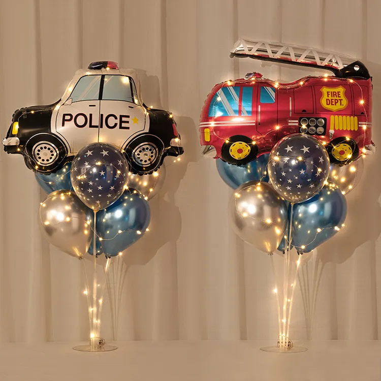 男孩汽车主题周岁生日装饰卡通警车消防车发光桌生日场景布置用品