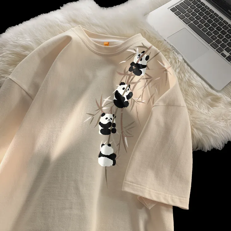 新中式国风熊猫竹子短袖t恤男夏季新款重磅纯棉大码宽松半袖体恤
