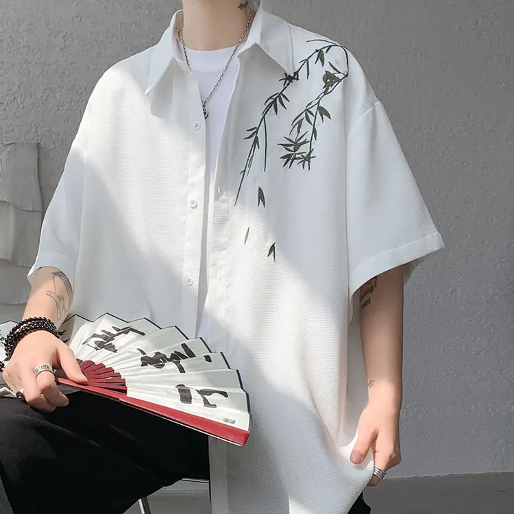 新中式国风竹子刺绣短袖衬衫男夏季休闲唐装外套痞帅高级感衬衣服