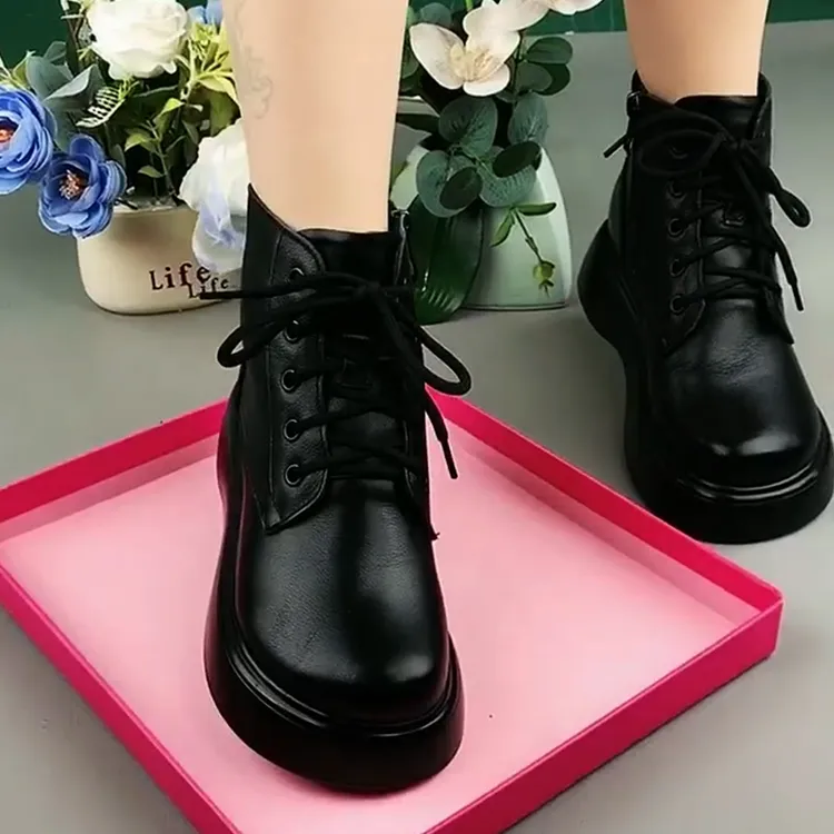 牛皮马丁靴女秋冬季新款真皮系带松糕厚底加绒棉女靴圆头羊毛短靴