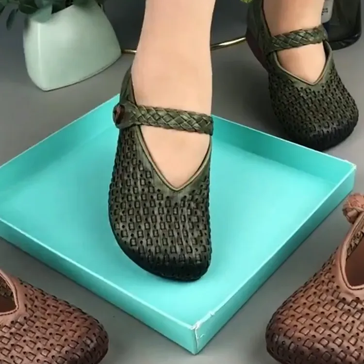 真皮女鞋春夏季新款牛皮圆头平底软底软皮镂空单鞋编织浅口妈妈鞋