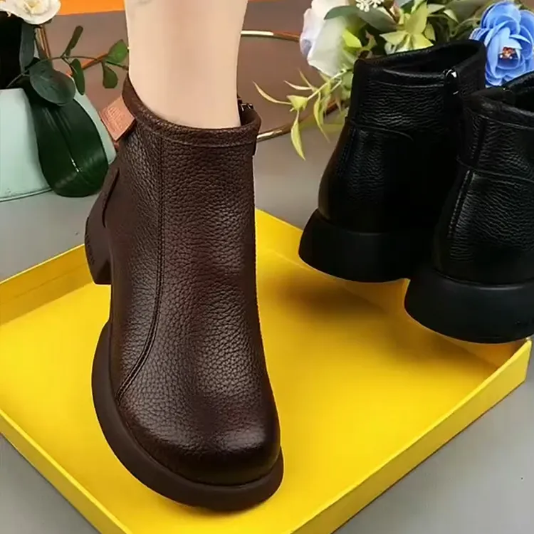 真皮马丁靴女秋冬季新款牛皮圆头低跟粗跟女靴单靴加绒短靴棉靴子