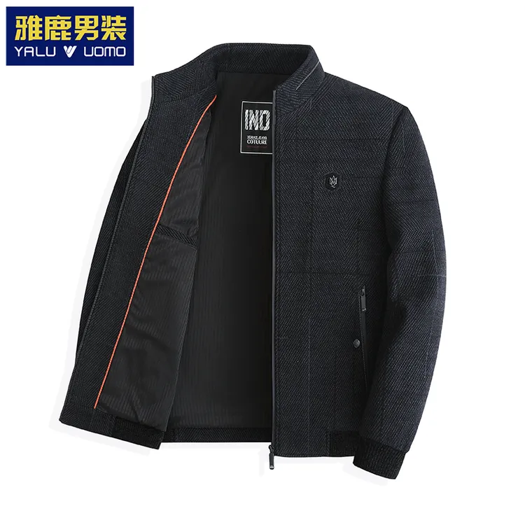 雅鹿秋冬季休闲夹克男士加厚立领毛呢茄克衫韩版爸爸装保暖外套