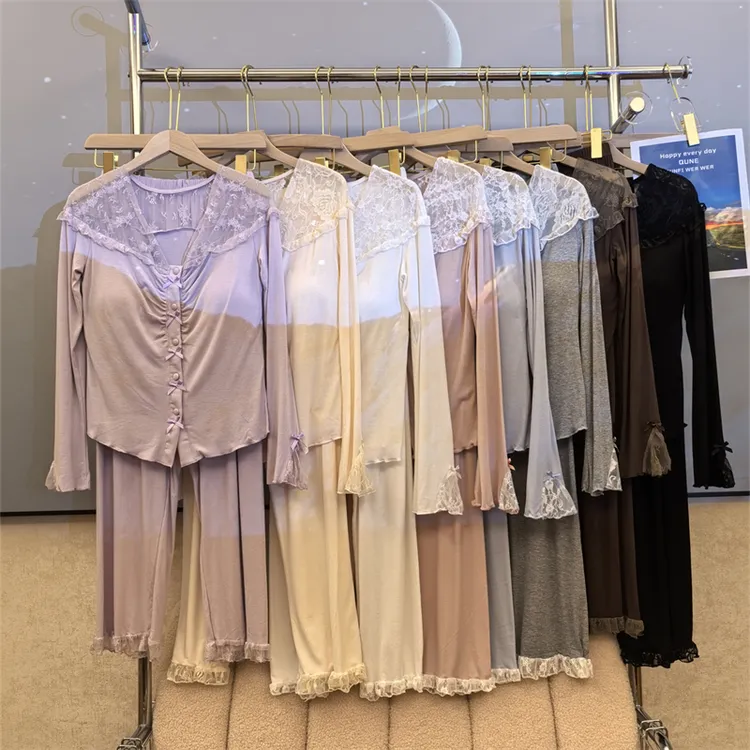 香芋紫春秋季新款睡衣女莫代尔长袖长裤带胸垫纯欲蕾丝家居服套装