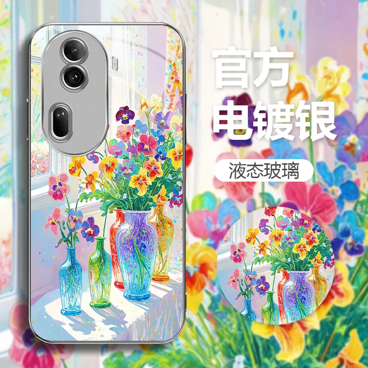 夏季适用【OPPOReno11Pro】莫奈的花园油画花电镀银玻璃手机壳