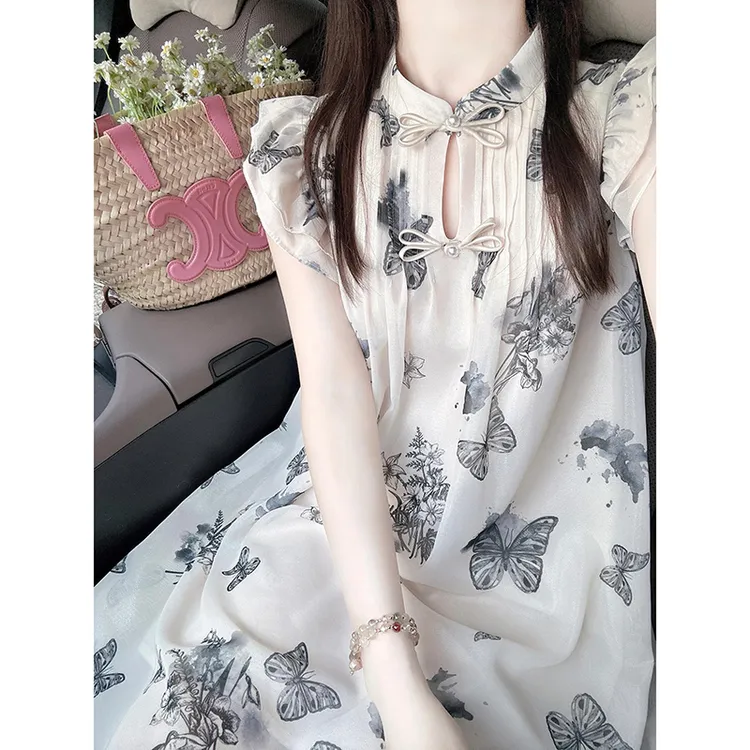 【GY】【大码】中式女装国风小飞袖碎花连衣裙夏季气质娃娃裙B8309