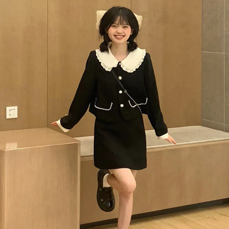 【两件套】日系学院风成套搭配气质名媛小香风外套高腰半身裙6631