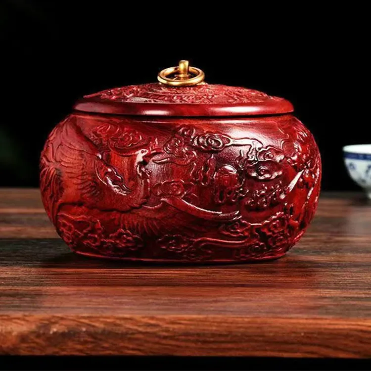 龙凤呈祥居家好物储物罐直径14高度11厘米家用红木婚庆干果盒